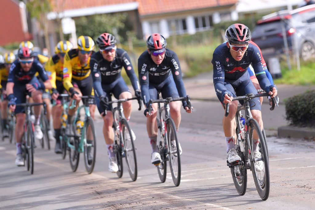 WEVELGEM BELGIUM OCTOBER 11 Michal Kwiatkowski of Poland and Team INEOSGrenadiers Christopher Lawless of The United Kingdom and Team INEOSGrenadiers Owain Doull of The United Kingdom and Team INEOSGrenadiers during the 82nd GentWevelgem In Flanders Fields 2020 Men Elite a 2325km race from Ypres to Wevelgem GentWevelgem FlandersClassic on October 11 2020 in Wevelgem Belgium Photo by Luc ClaessenGetty Images