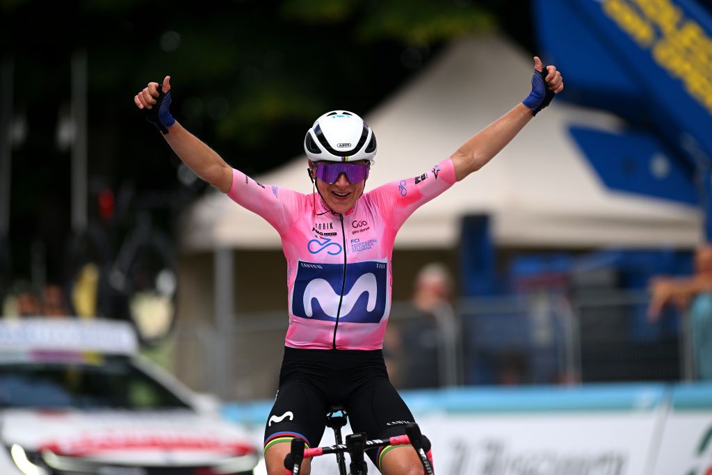 CANELLI ITALY JULY 05 Annemiek Van Vleuten of The Netherlands and Movistar Team celebrates at finish line as stage winner during the 34th Giro dItalia Donne 2023 Stage 6 a 1044km stage from Canelli to Canelli 315m UCIWWT on July 05 2023 in Canelli Italy Photo by Dario BelingheriGetty Images