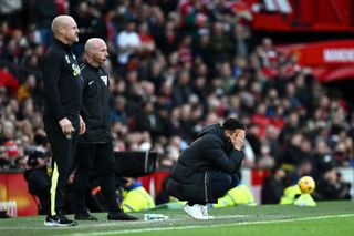 Ruben Amorim, Head Coach of Manchester United, reacts during the Premier League match between Manchester United FC and Everton FC at Old Trafford on December 01, 2024 in Manchester, England.