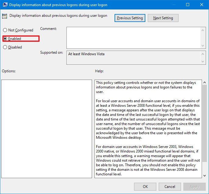 How to display last signin information during logon on Windows 10