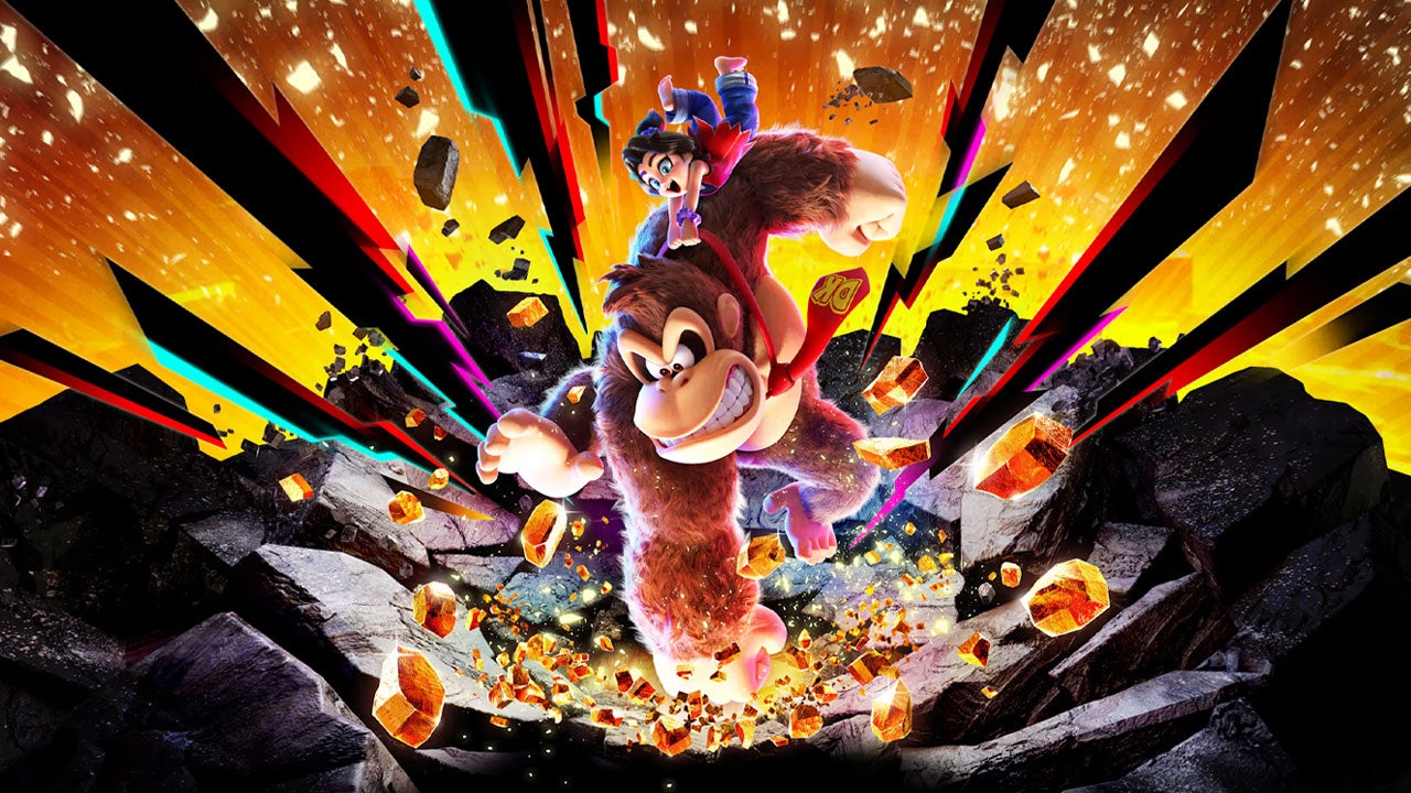 The Donkey Kong Bananza video game cover, showing Donkey Kong punching into the ground with Pauline on his back