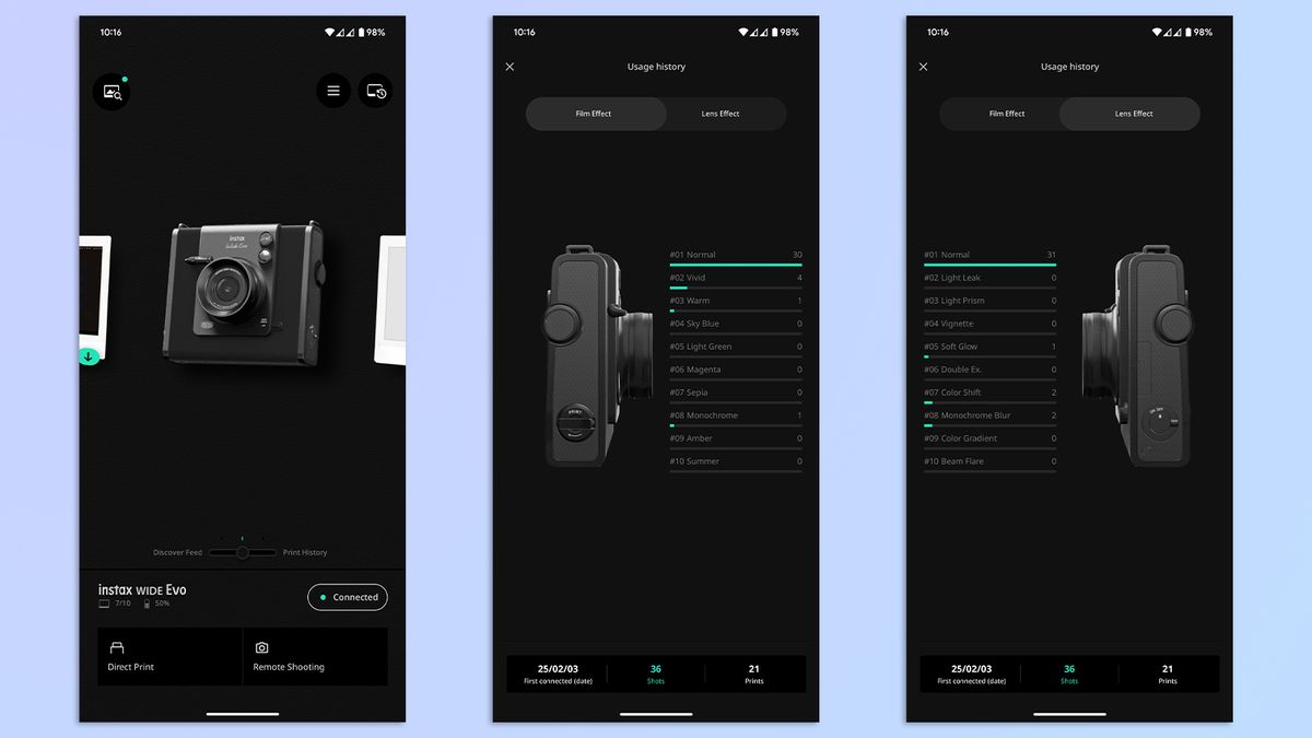 A compilation of screenshots showing the Fujifilm Instax Wide Evo app open on a Google Pixel 7 Pro