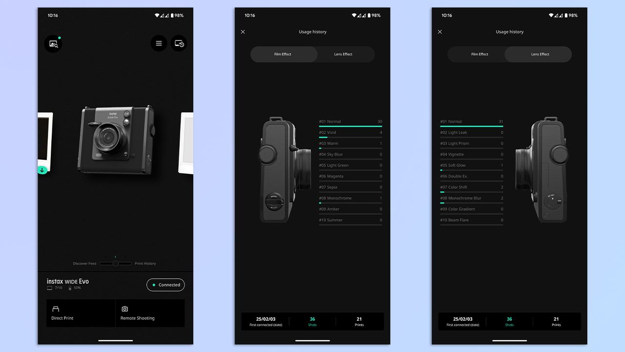 A compilation of screenshots showing the Fujifilm Instax Wide Evo app open on a Google Pixel 7 Pro