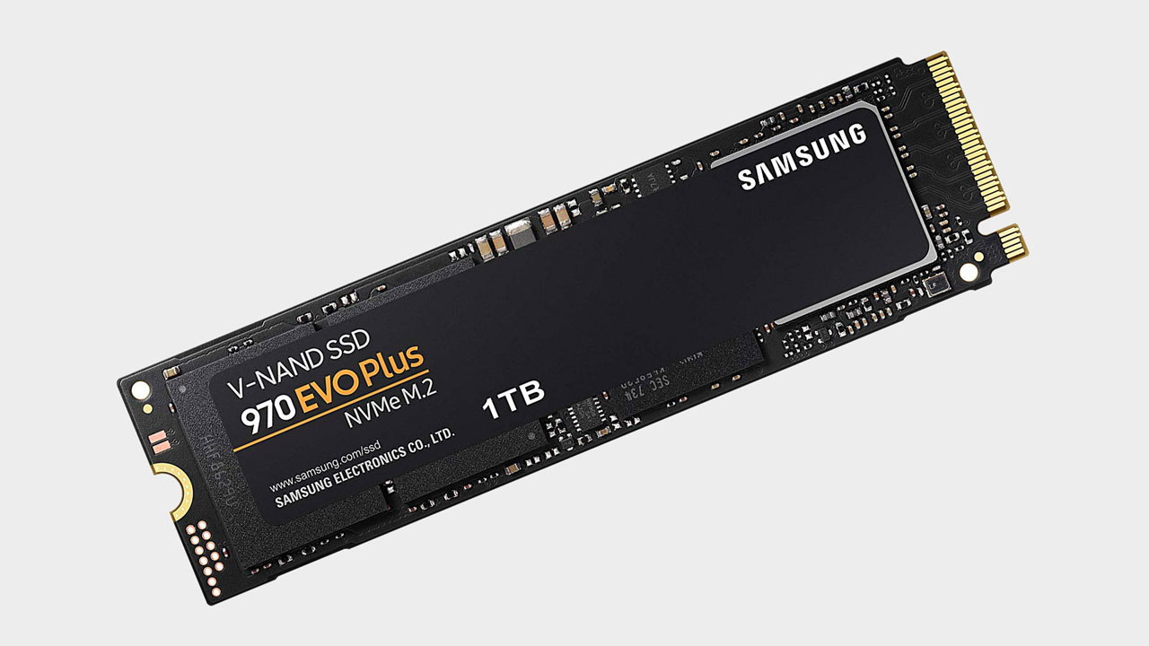 Samsung 970 Evo Plus 1TB at an angle on a blank background