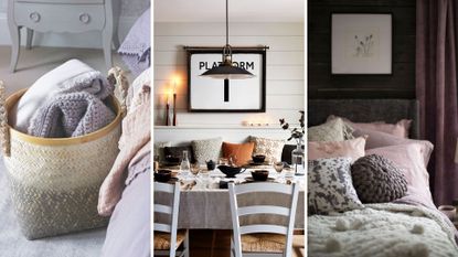 compilation image of small changes to make my home cosy, blankets in a basket, candles on a dining table