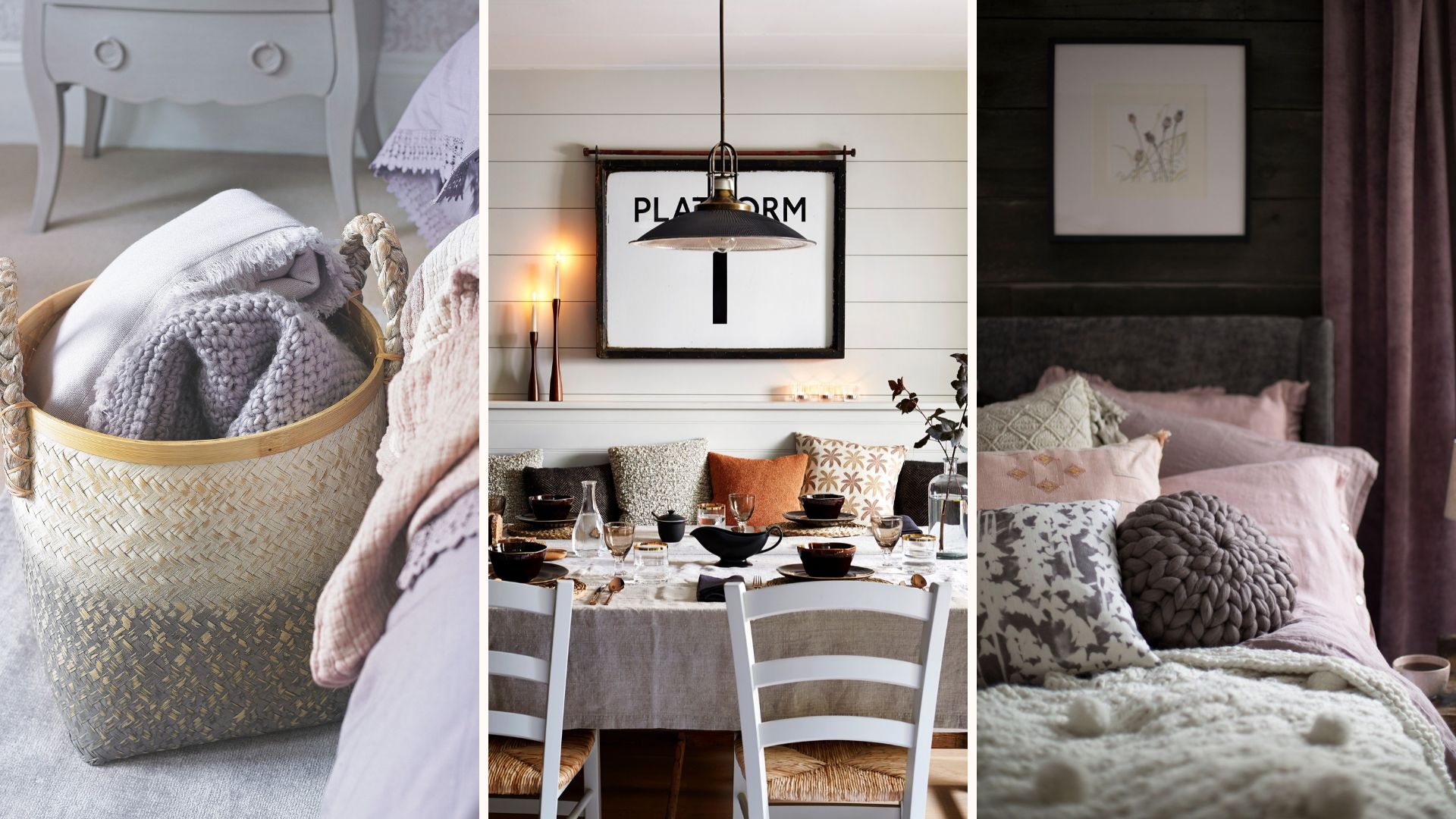 compilation image of small changes to make my home cosy, blankets in a basket, candles on a dining table