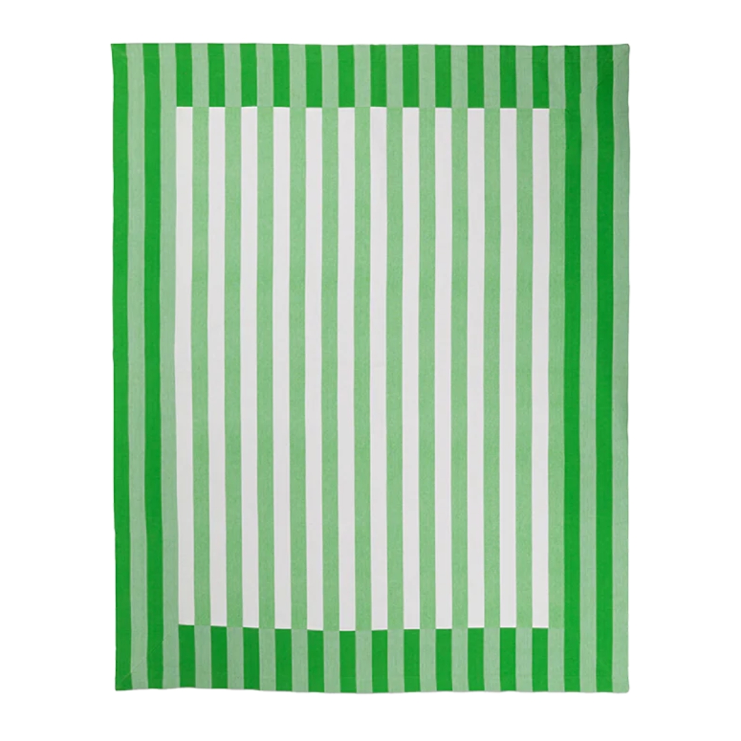 A stripy, acid green and white tablecloth.