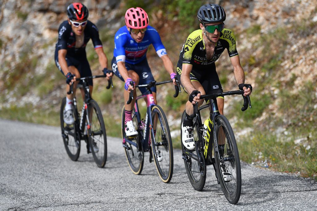 CASCIA ITALY SEPTEMBER 10 Geraint Thomas of The United Kingdom and Team INEOS Grenadiers Michael Woods of Canada and Team EF Pro Cycling Blue Leader Jersey Simon Yates of The United Kingdom and Team MitcheltonScott during the 55th TirrenoAdriatico 2020 Stage 4 a 194km stage from Terni to Cascia 645m TirrenAdriatico on September 10 2020 in Cascia Italy Photo by Justin SetterfieldGetty Images