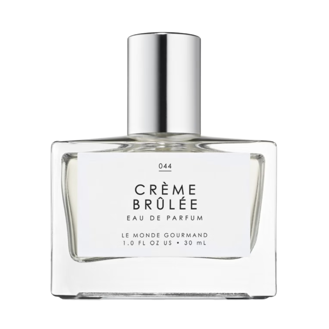 A product shot of the Le Monde Gourmand Cr&amp;egrave;me Brulee Eau de Parfum, on a white background