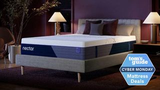 A Nectar mattress in a dimly lit bedroom with a Tom's Guide Cyber Monday deals badge