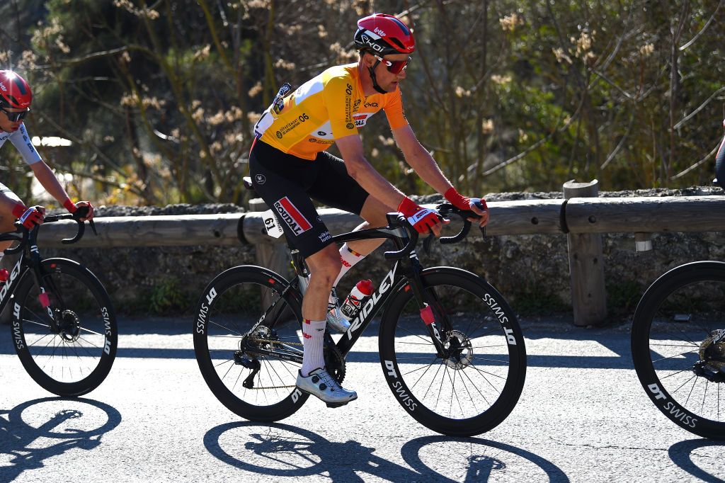 BLAUSASC FRANCE FEBRUARY 20 Tim Wellens of Belgium and Team Lotto Soudal Yellow Leader Jersey competes during the 54th Tour Des Alpes Maritimes Et Du Var Stage 3 a 1126km stage from Villefranche sur Mer to Blausasc on February 20 2022 in Blausasc France Photo by Dario BelingheriGetty Images