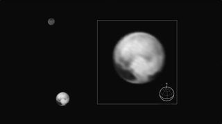 Pluto and its largest moon Charon, as photographed by New Horizons on July 1, 2015. The inset shows Pluto enlarged; features as small as 100 miles (160 kilometers) across are visible.