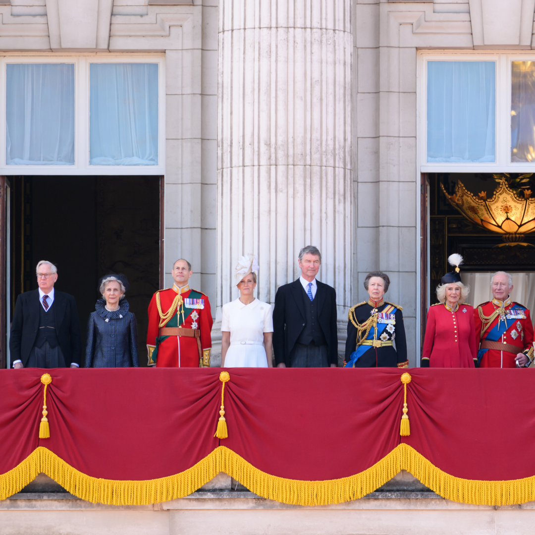 King Charles, Queen Camilla and members of the Royal Family on the balcony at Trooping the Colour 2026