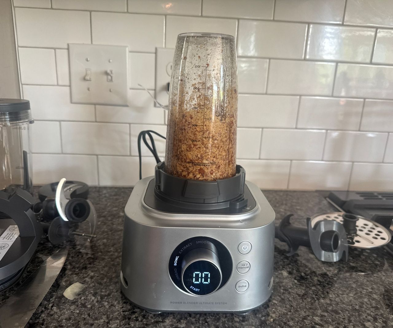 Nut butter being processed in a Ninja Foodi Power Blender Ultimate System