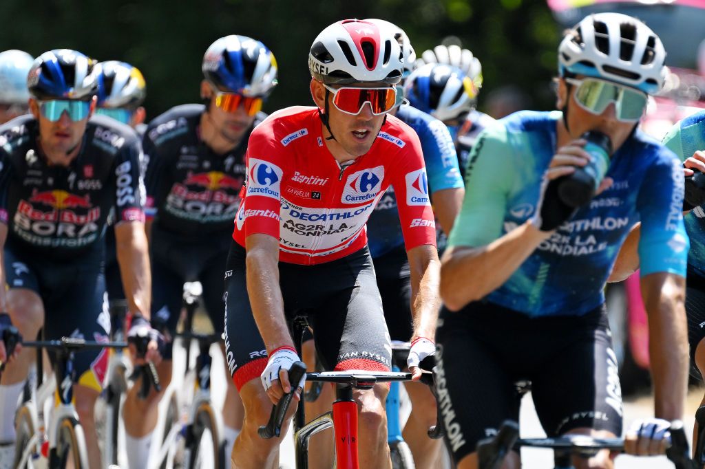 ESTACION DE MONTANA DE MANZANEDA OURENSE SPAIN AUGUST 29 Ben OConnor of Australia and Team Decathlon AG2R La Mondiale Red Leader Jersey competes during the La Vuelta 79th Tour of Spain 2024 Day 12 a 1375km stage from Ourense Termal to Estacion de Montana de Manzaneda 1491m UCIWT on August 29 2024 in Estacion de Montana de Manzaneda Spain Photo by Tim de WaeleGetty Images