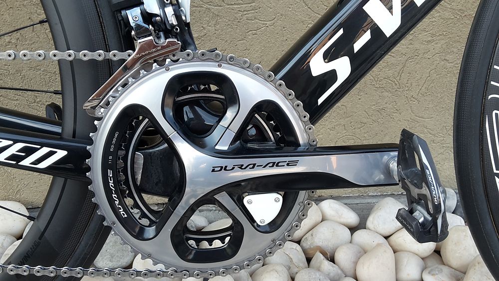 Boonen's Dura-Ace cranks are equipped with a 4iiii power meter system