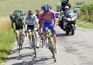 Michele Scarponi (Lampre-ISD) leads the four survivors of the early break late in stage 10.