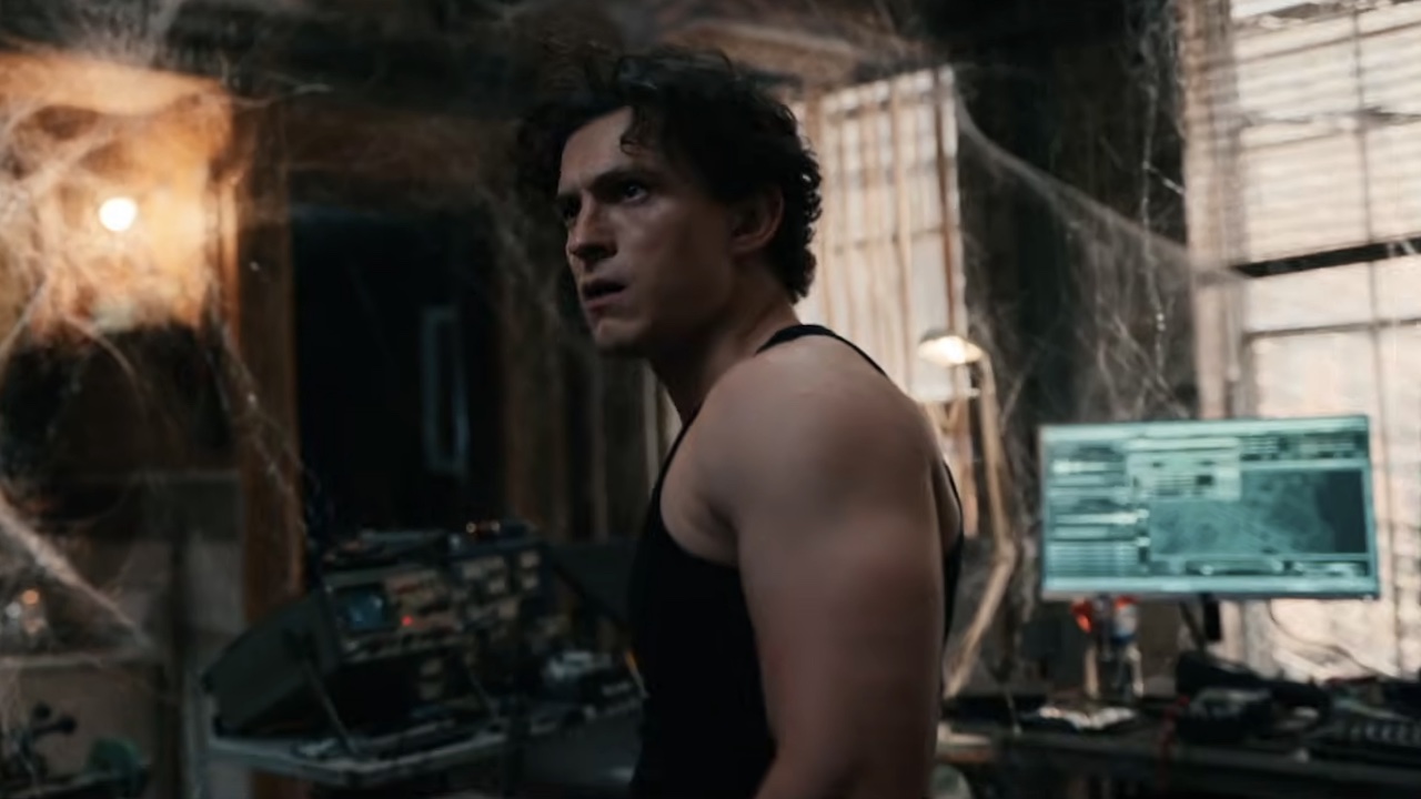 Peter Parker looking at webs all over his room in Spider-Man: Brand New Day's trailer. 