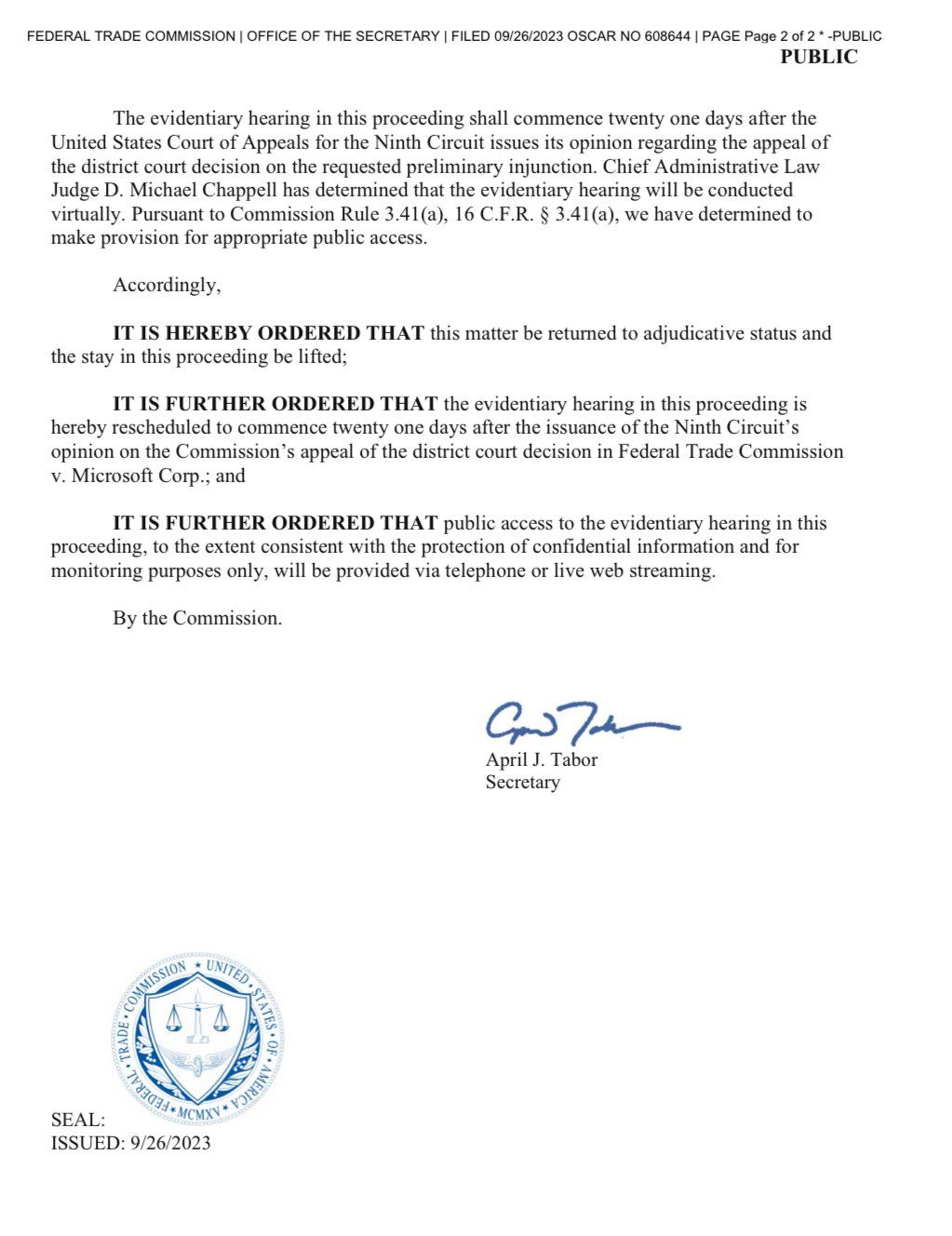 Adjudication order from the FTC issued on September 27 regarding the Microsoft acquisition of Activision Blizzard King