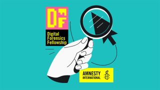 Surfshark graphic showing a hand holding a magnifying glass, alongside a cursor, Digital Forensics Fellowship logo, and Amnesty International logo