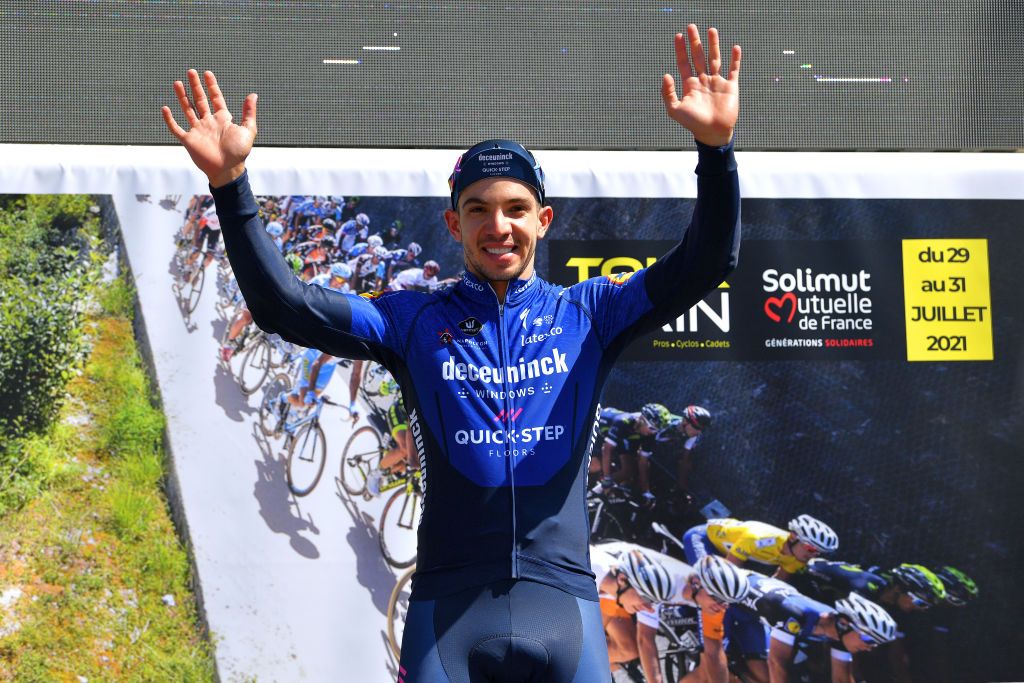 BOURGENBRESSE FRANCE JULY 29 lvaro Jos Hodeg Chagui of Colombia and Team Deceuninck QuickStep celebrates at podium as stage winner during the 33rd Tour de lAin 2021 Stage 1 a 1391km stage from Parc des Oiseaux to BourgenBresse 237m tourdelain on July 29 2021 in BourgenBresse France Photo by Luc ClaessenGetty Images
