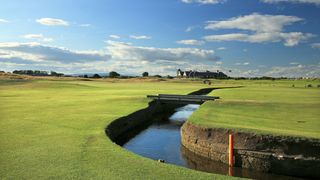 The Swilcan Burn in front of the green on the first hole at The Old Course, St Andrews