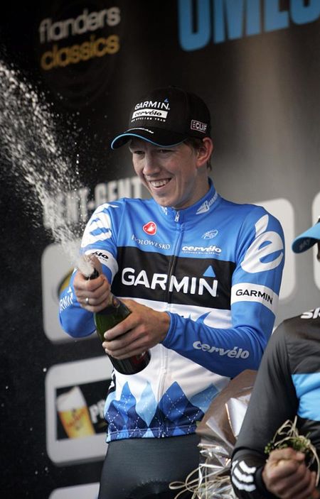Sep Vanmarcke (Garmin-Barracuda) shakes out some champagne to celebrate his first big win.
