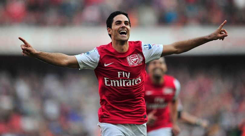 Mikel Arteta celebrates after scoring for Arsenal against Aston Villa in 2012.