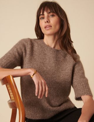 Brown Alpaca Wool Blend Short Sleeve Knitted Top