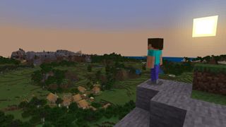 Minecraft - Steve denkt bei Sonnenuntergang auf einem Berg über das Leben nach