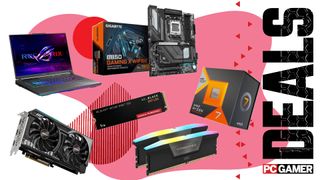 A collection of gaming systems and components on a custom PC Gamer Deals background.