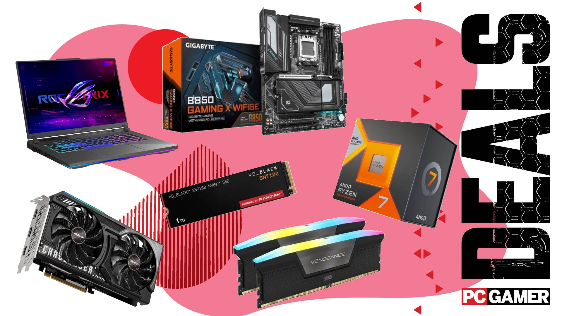 A collection of gaming systems and components on a custom PC Gamer Deals background.