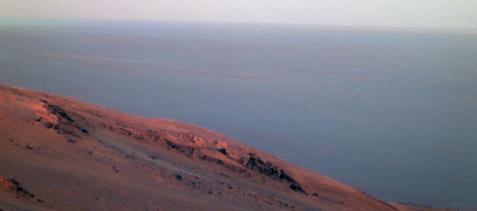 A false-color view from NASA&#039;s Opportunity rover taken in 2017 shows the dusty surface of the planet.