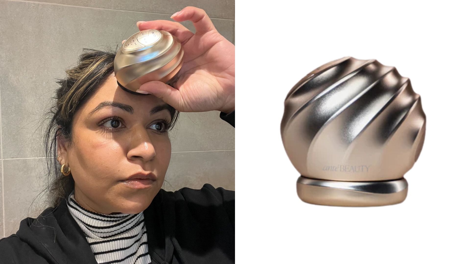 AnteBeauty Kanyen RF next to an image of Aleesha using it