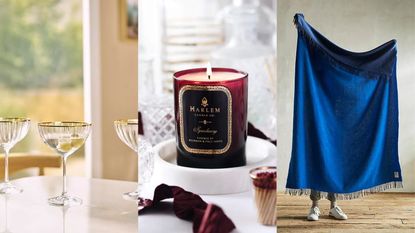 A three panel image showing some of the best home gifts; Waterfall Coupe Glasses; A Harlem Candle Co Speakeasy Candle; and a Terrain Reversible Twilight Merino Wool Throw 