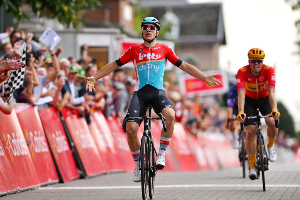 MONTDELENCLUS BELGIUM SEPTEMBER 28 Arnaud De Lie of Belgium and Team Lotto Dstny celebrates at finish line as race winner during the 82nd Circuit FrancoBelge 2023 a 1906km one day race from Tournai to MontdelEnclus on September 28 2023 in MontdelEnclus Belgium Photo by Luc ClaessenGetty Images