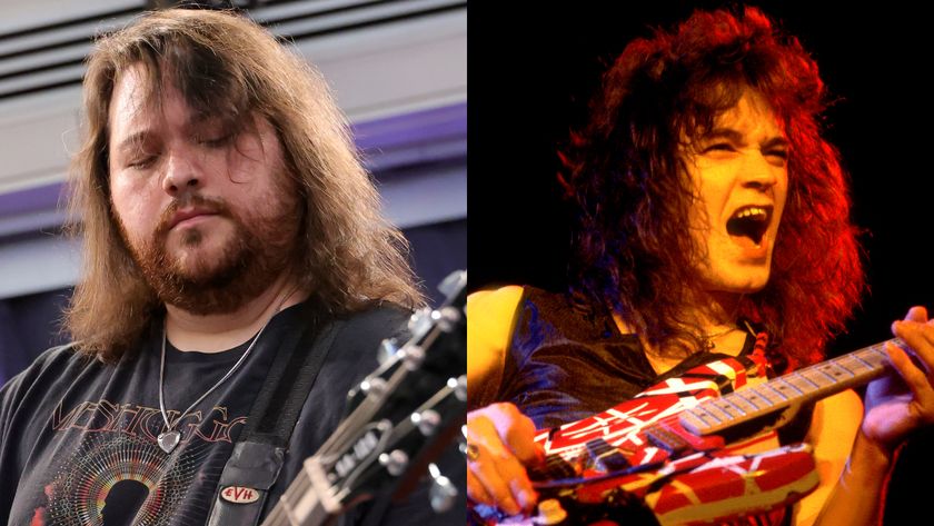 Wolfgang Van Halen in 2025 and Eddie Van Halen in 1979