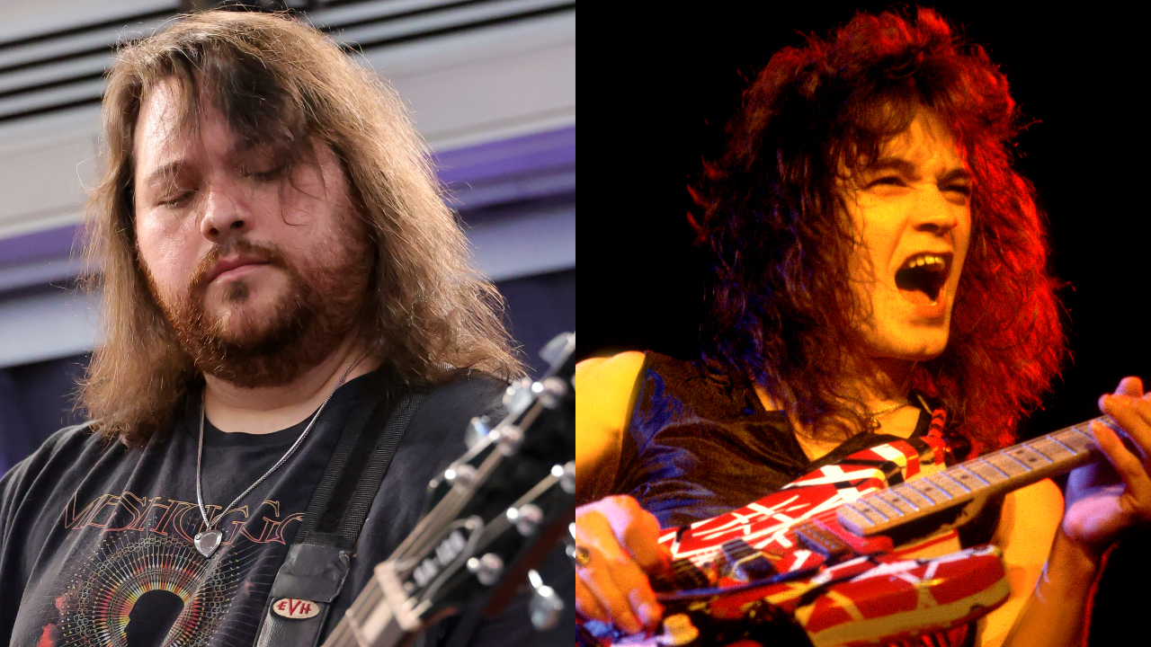 Wolfgang Van Halen in 2025 and Eddie Van Halen in 1979