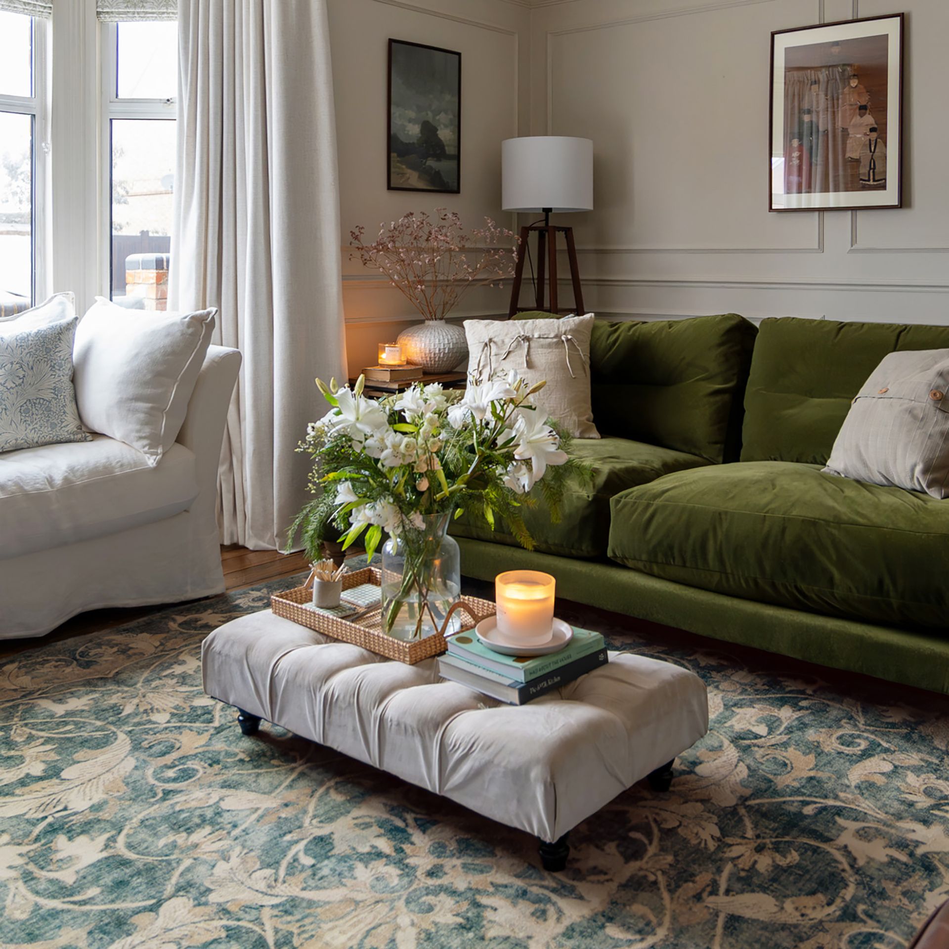 Living room with blue and white antique rug from ruggable