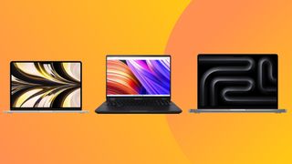 Three of the best laptops for Photoshop on an orange background