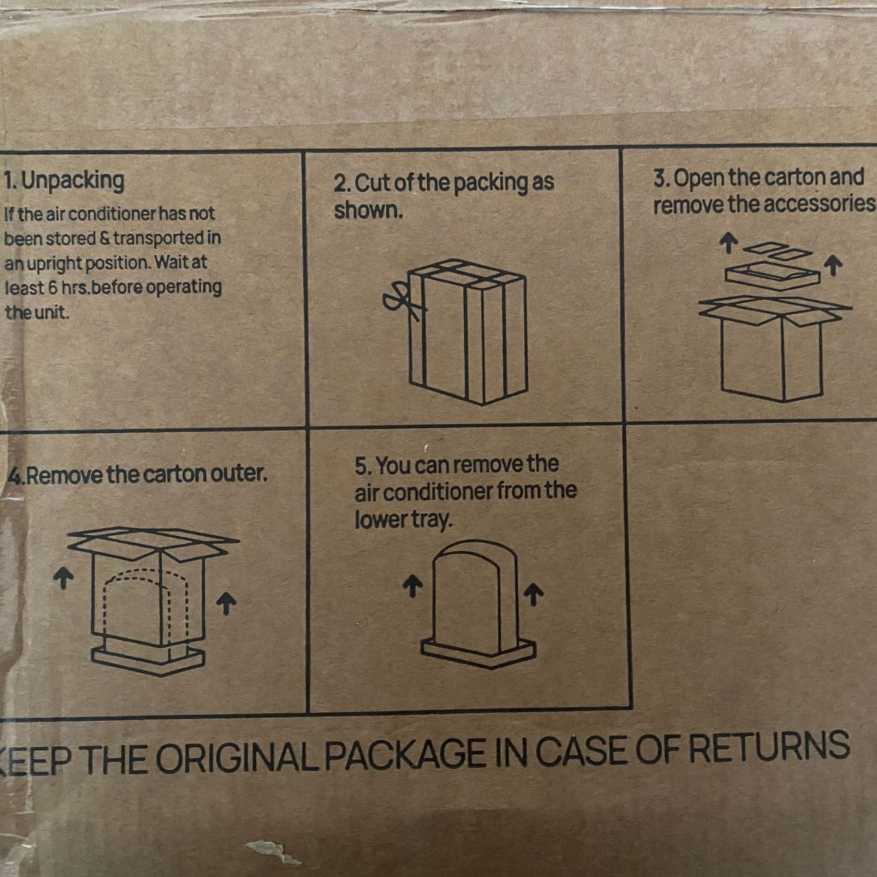 Unboxing instructions on the outer packaging of the Dreo 318s portable air conditioner