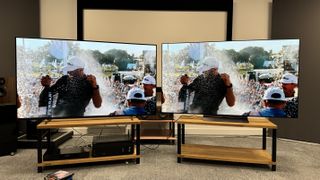 The Sony A80L and LG C4 TVs photographed next to one another with the same image of a golfer being sprayed with champagne on both