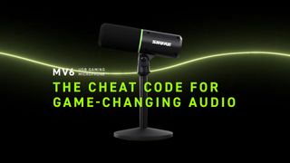 A marketing image of the Shure MV6 with the caption "The cheat code for game-changing audio"