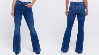 composite of model wearing river island petite flared jeans in dark blue
