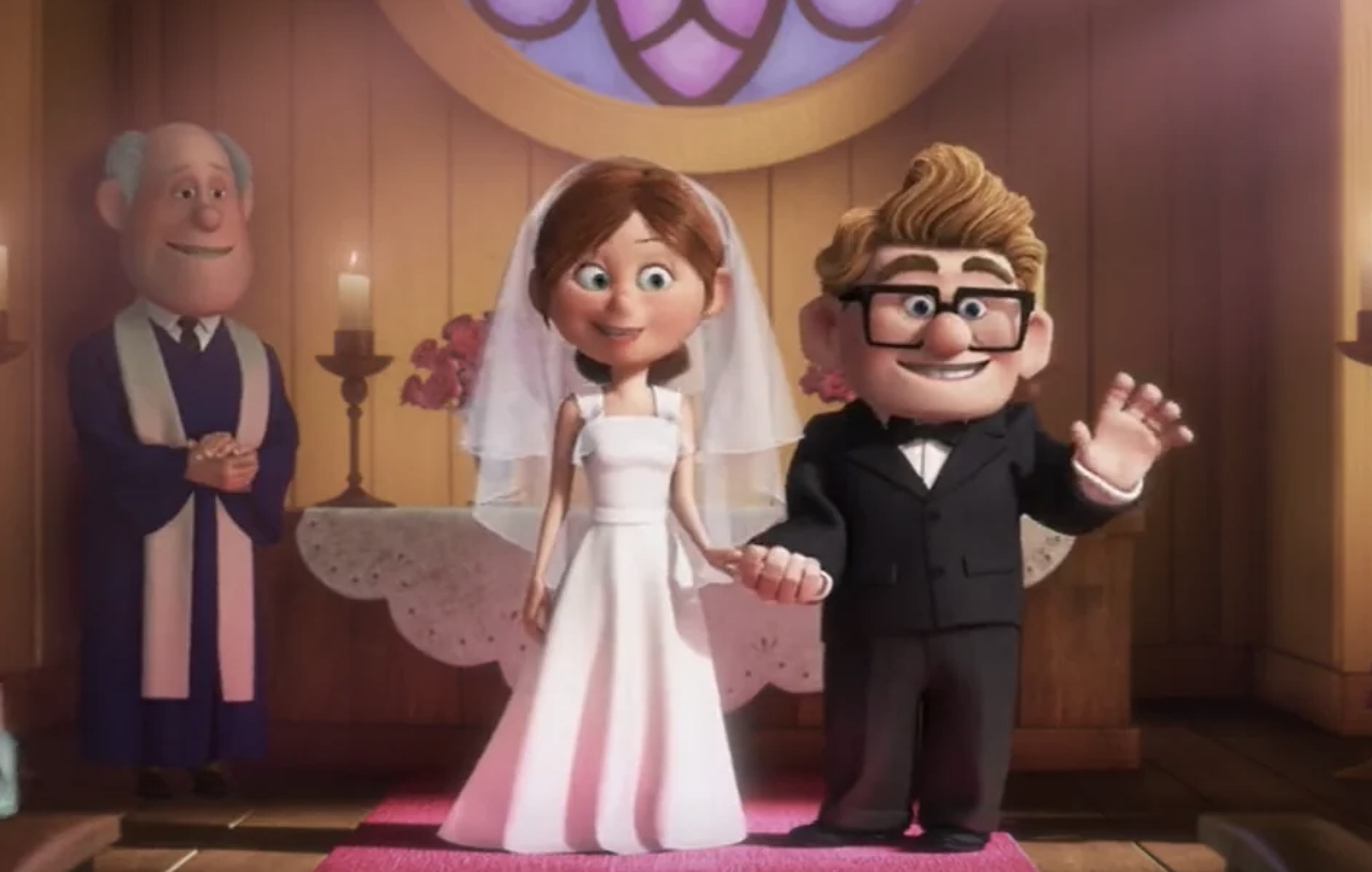 Screenshot from Pixar's Up showing the same character model appear in two scenes