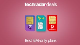 SIM cards from Telstra, Optus and Vodafone on pink background