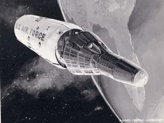 An early artist's concept of the Manned Orbiting Laboratory (MOL). Two astronauts would fly into orbit in a modified Gemini spacecraft, then enter a laboratory module for monthlong missions in Earth orbit.