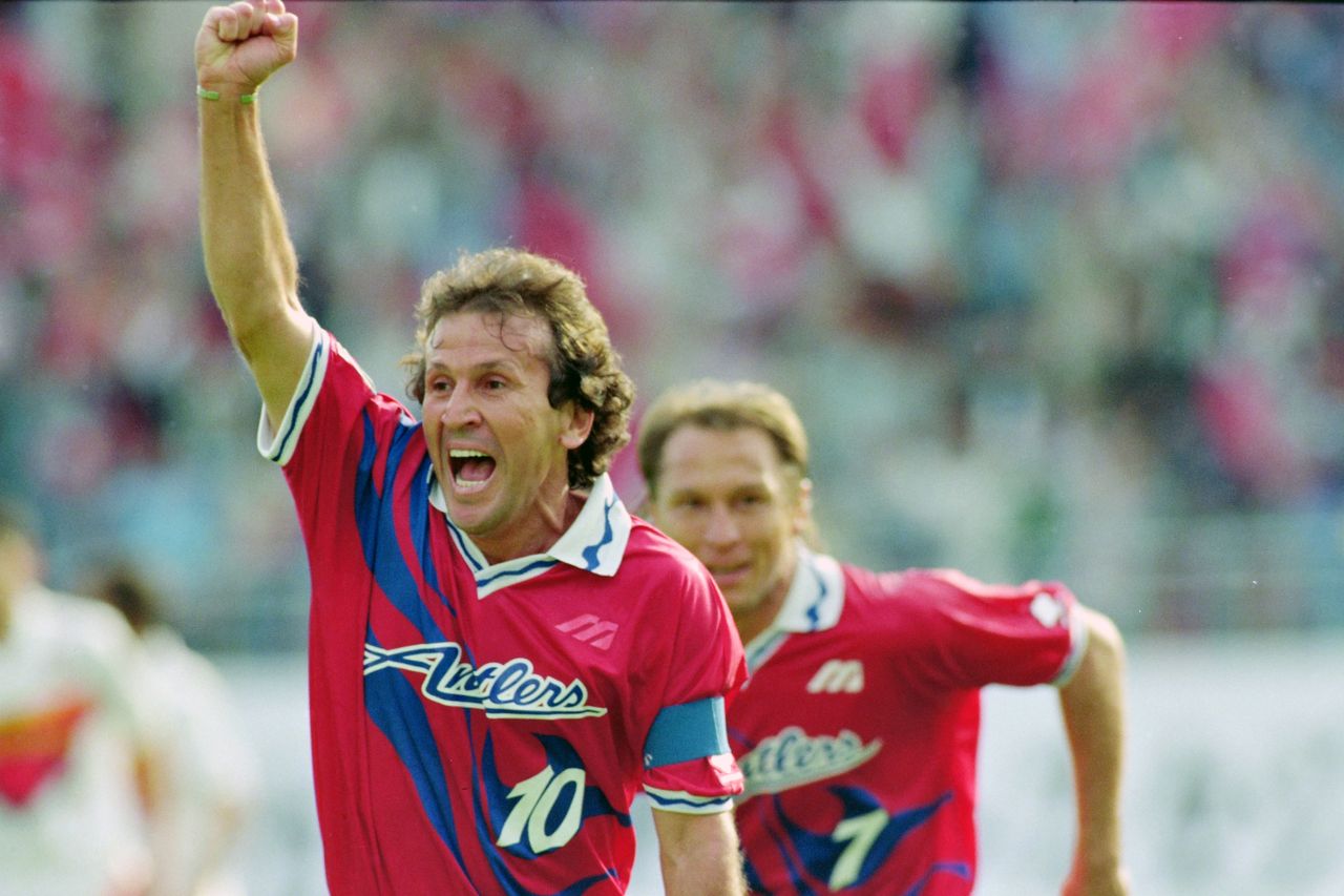 Zico celebrates after scoring for Kashima Antlers, 1993