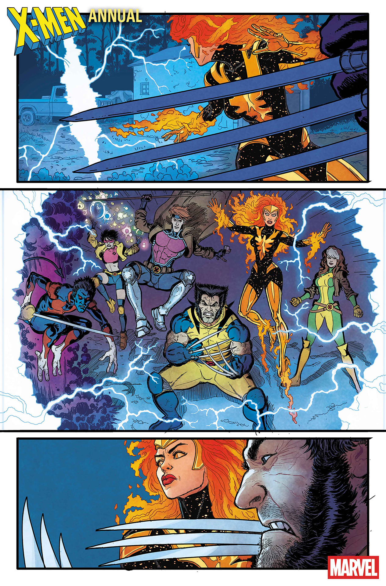 Nightcrawler, Jubilee, Gambit, Wolverine, Phoenix, and Rogue leaping into action