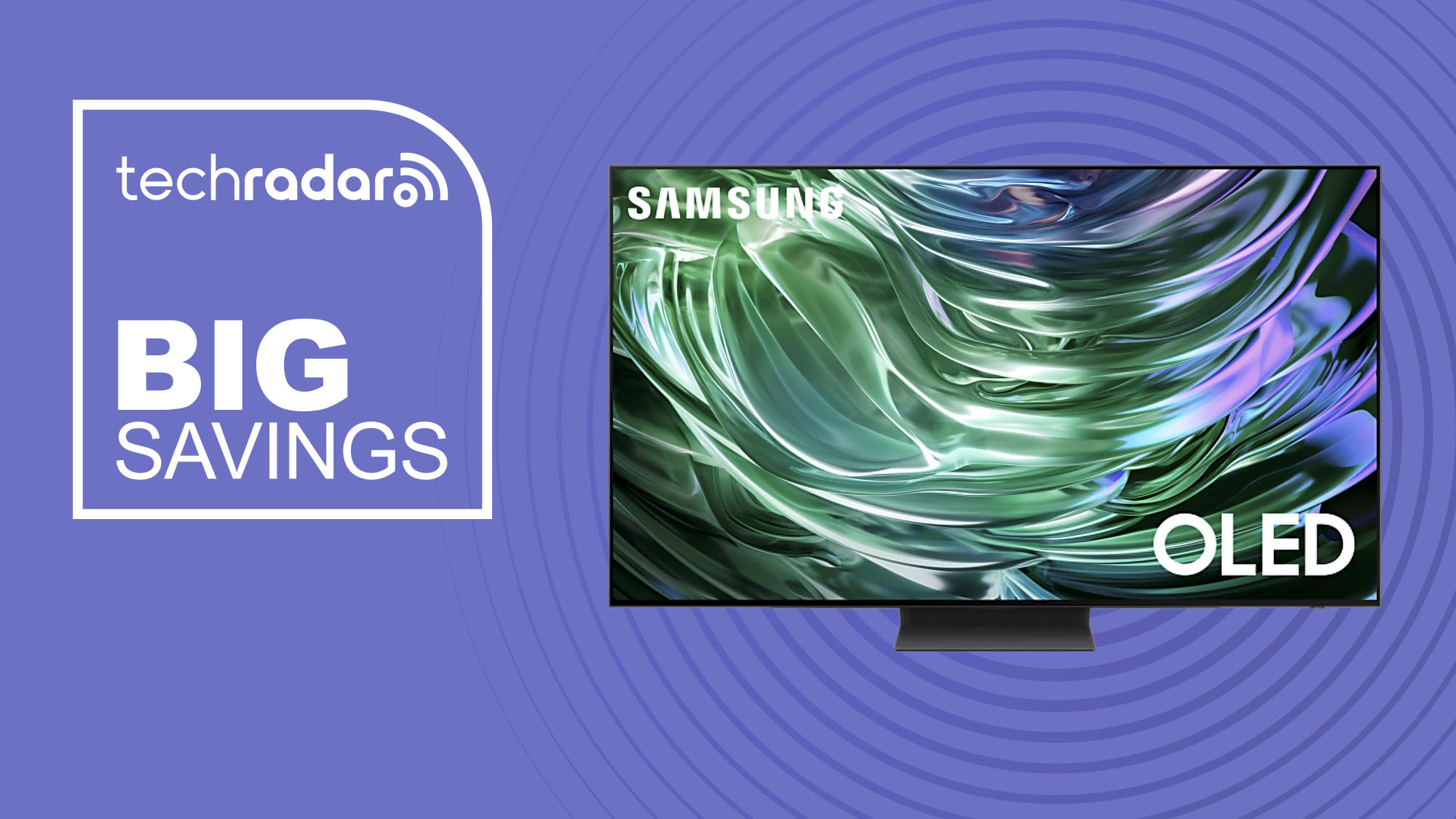 Samsung S90D OLED TV on purple background with TechRadar big savings sign